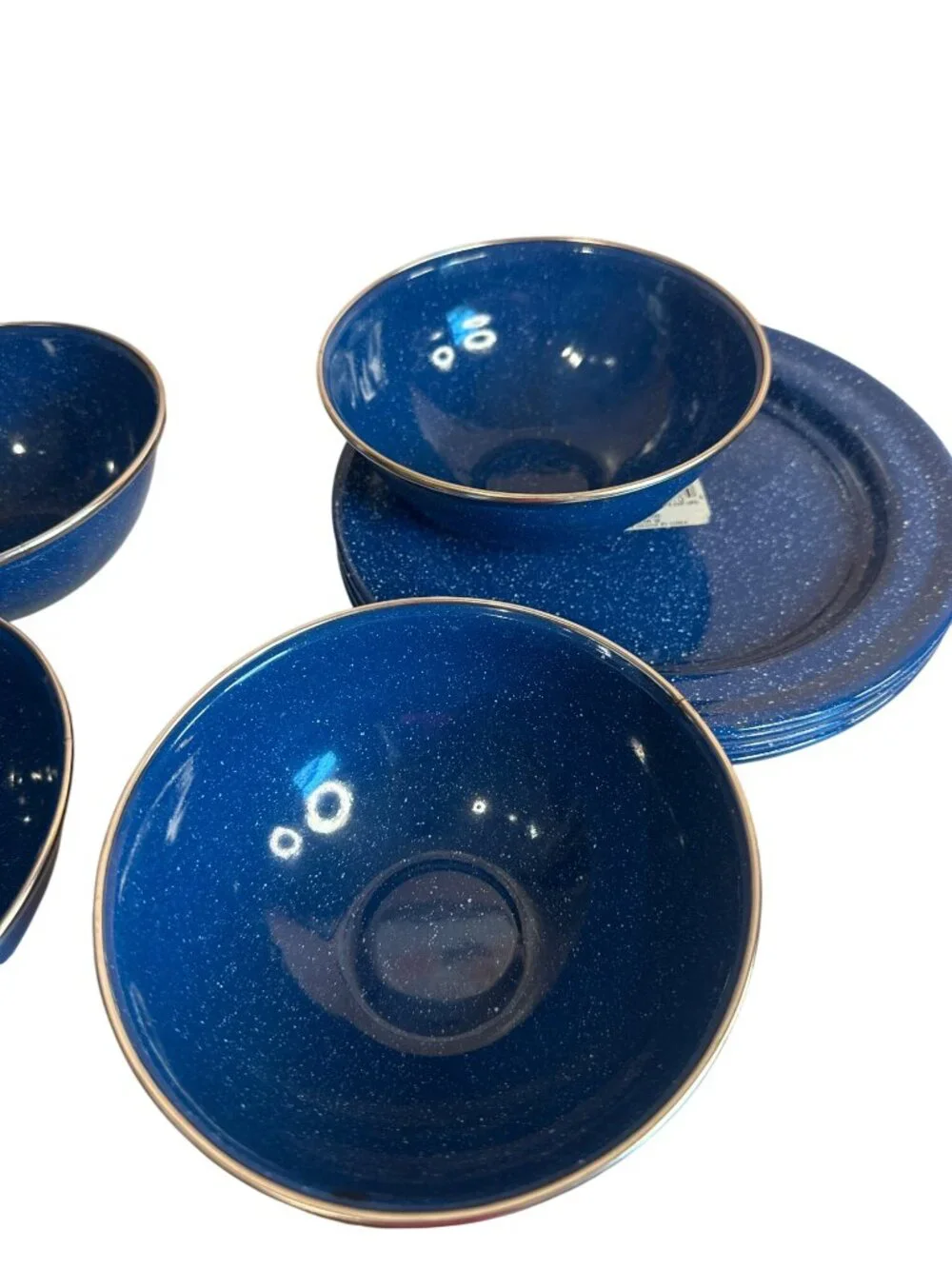 Vintage Cinsa Royal Speckled Enamelware set Plates Bowls 8 Pieces Blue